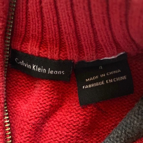 Calvin Klein Jeans Red Gray Striped Quarter-zip Pullover Knit Sweater size 4 - Picture 9 of 10
